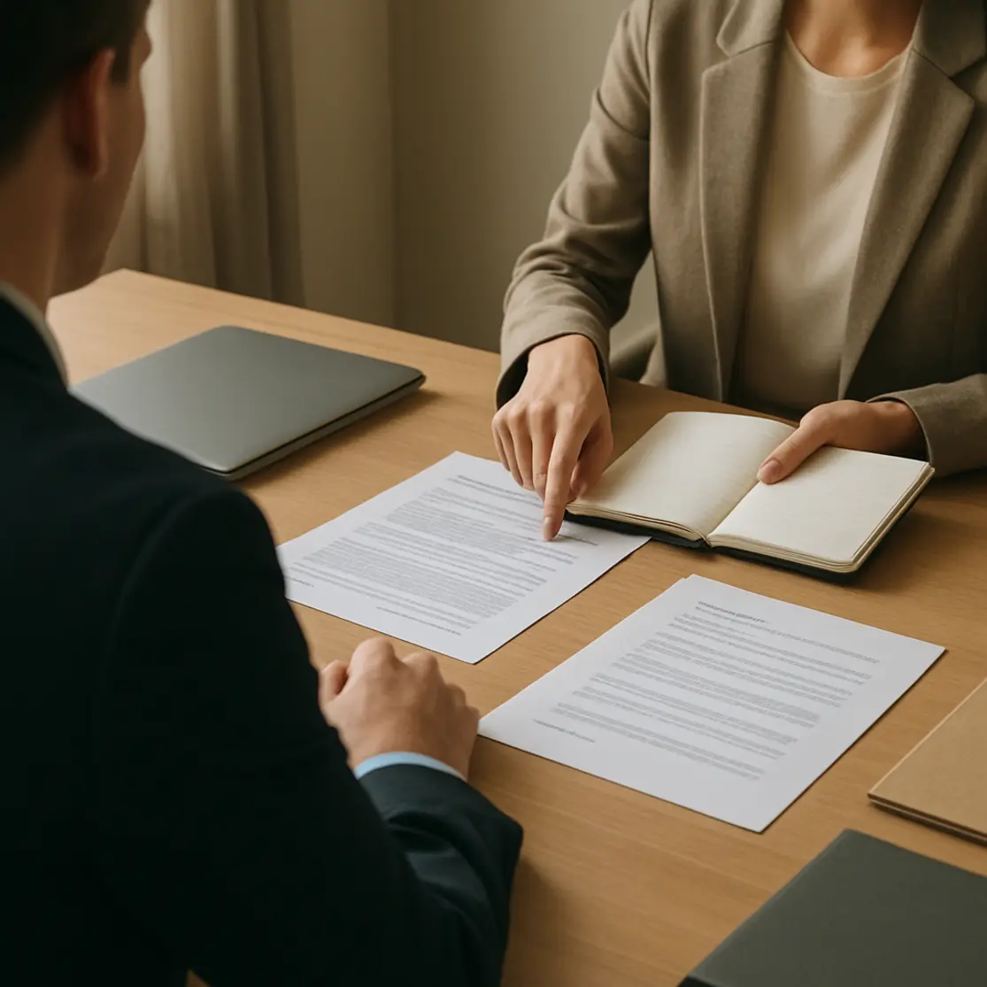 Atendimento financeiro com duas pessoas analisando documentos, vista de costas