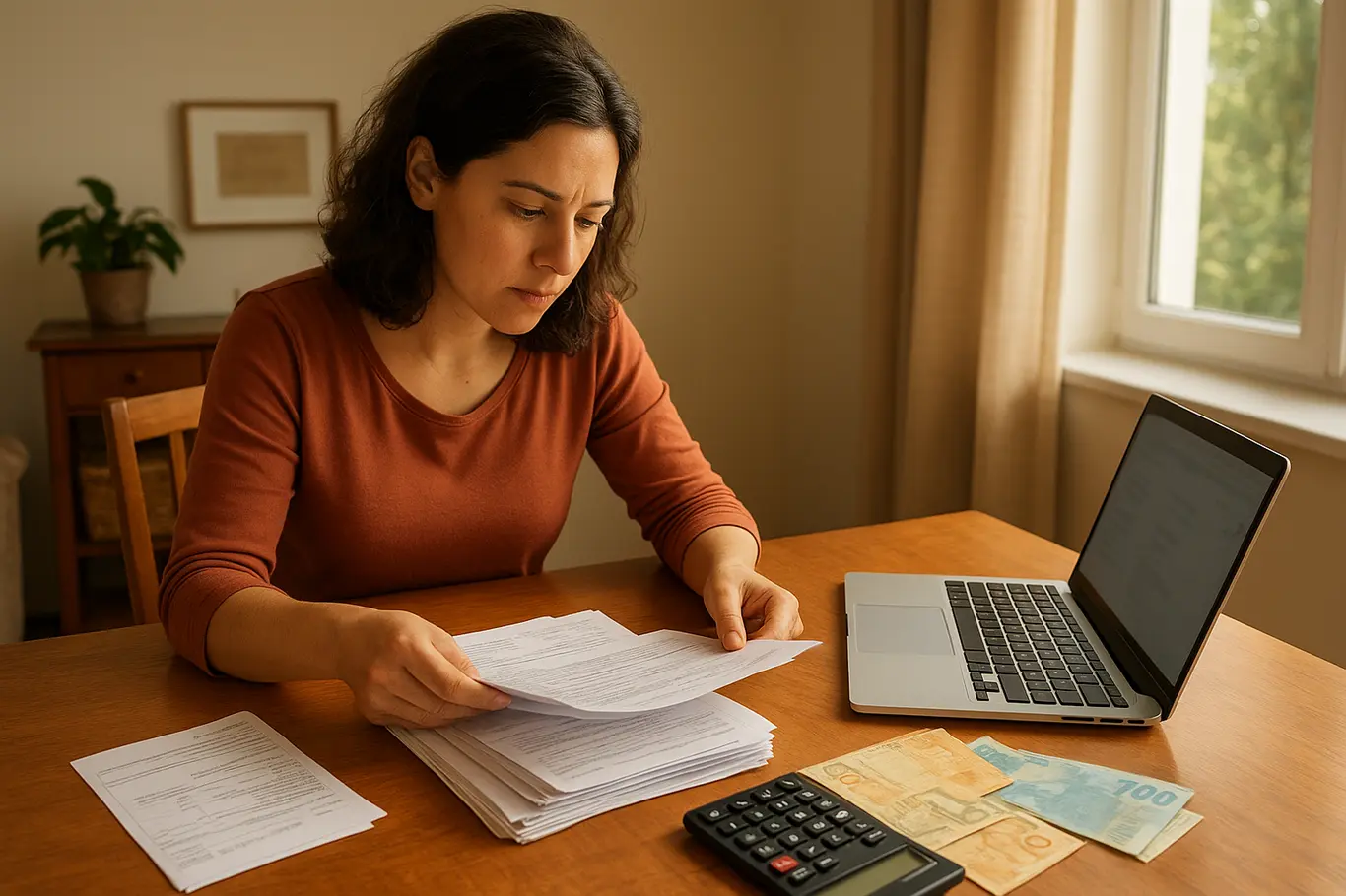 Cena ampla de sala com pessoa revisando contas, laptop e calculadora