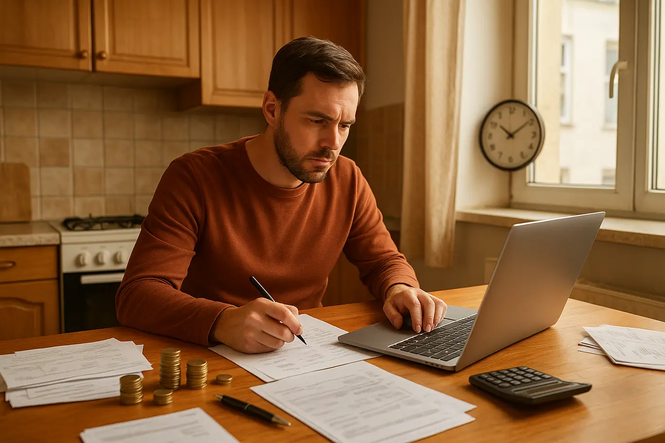 Visão ampla de cozinha com pessoa, laptop, contas e relógio de parede indicando urgência