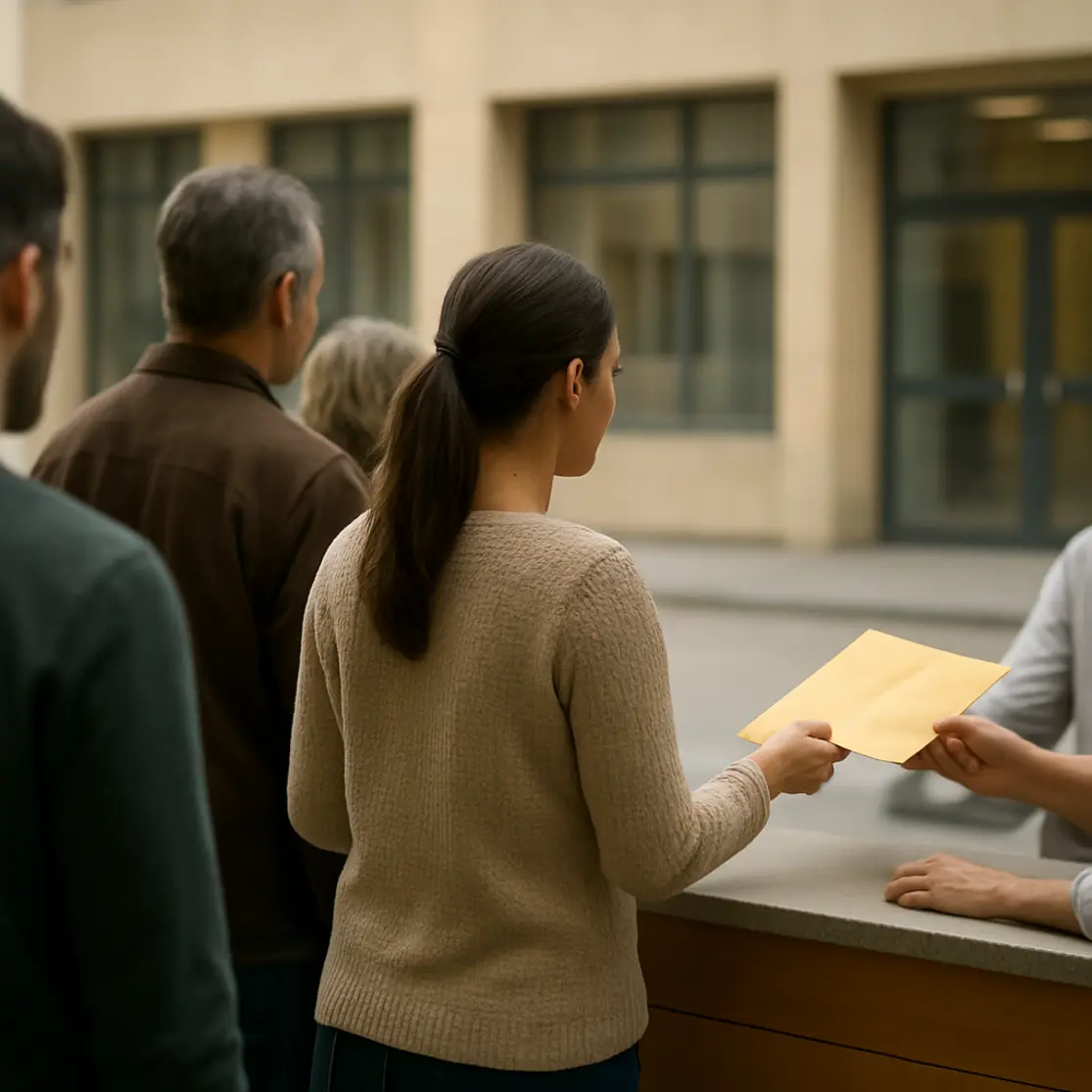 Fila em balcão de atendimento público com pessoa entregando envelope, cena institucional