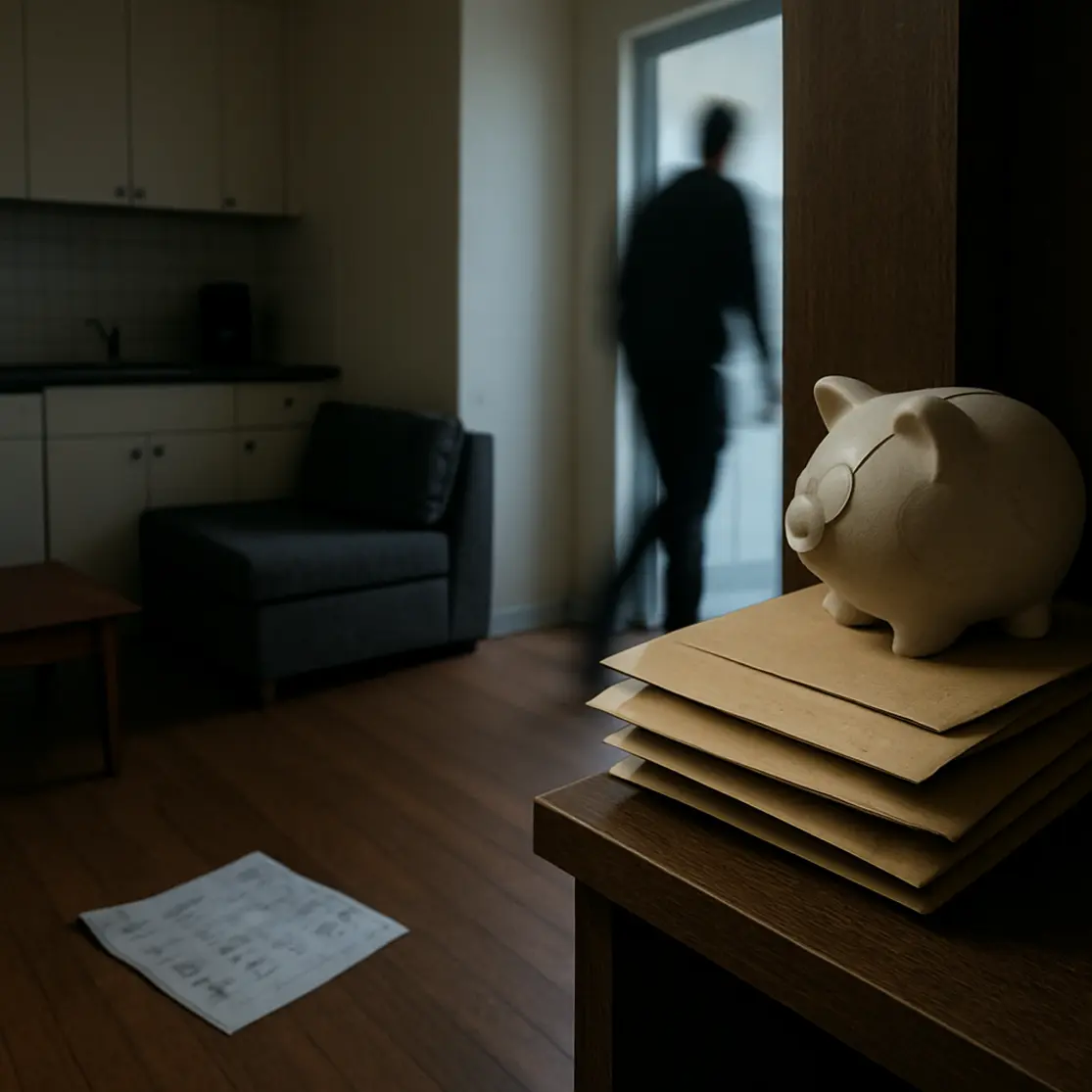Cozinha e sala integradas com envelopes empilhados e cofrinho rachado, pessoa desfocada ao fundo