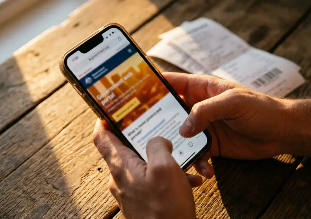 Como acessar gov.br/desenrola em 2026 e checar elegibilidade Mãos segurando smartphone com página de portal borrada, mesa com comprovantes ao fundo