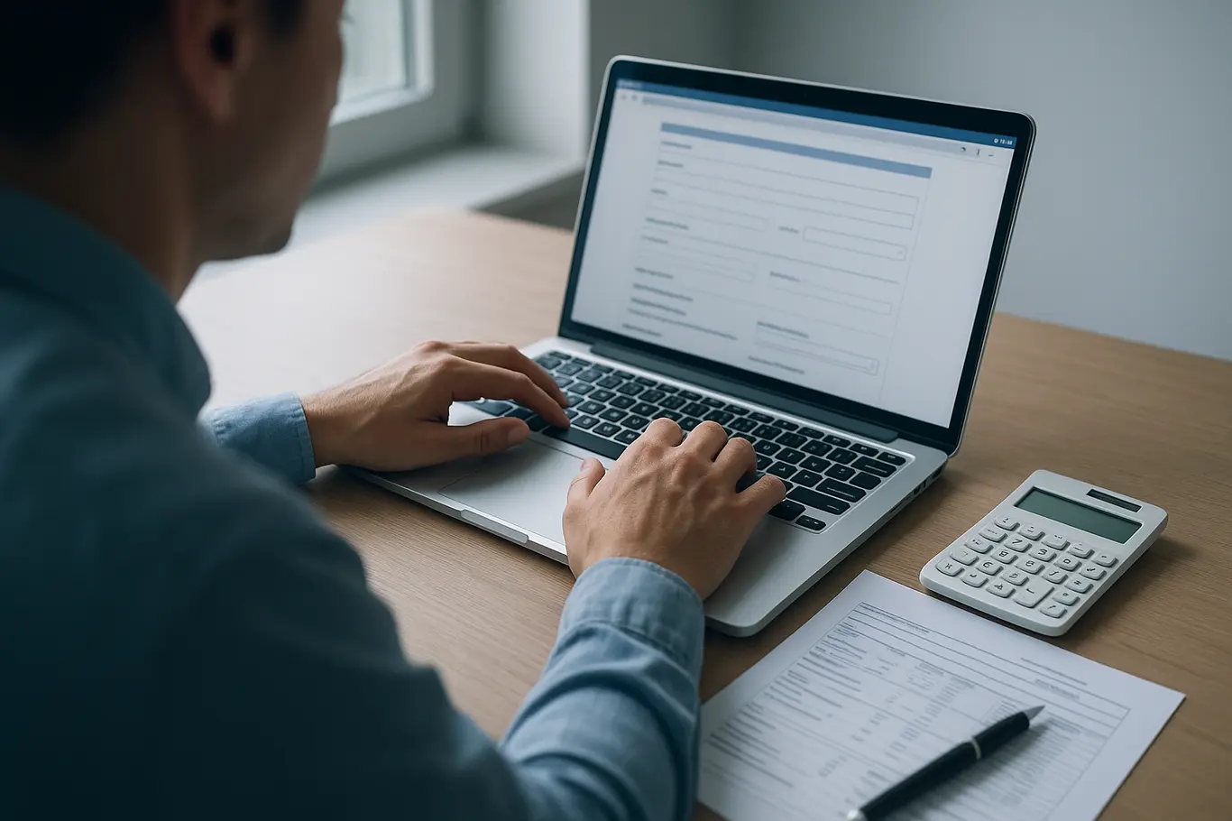 Cena sobre o ombro de pessoa digitando em notebook com documentos e calculadora ao lado