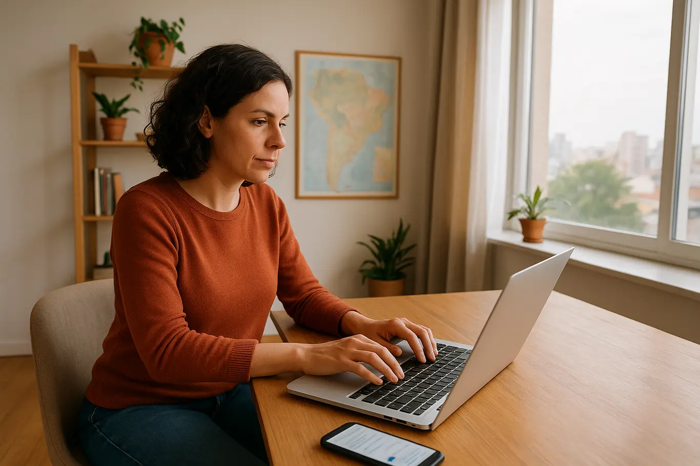 Home office com laptop e smartphone, vista ampla lateral