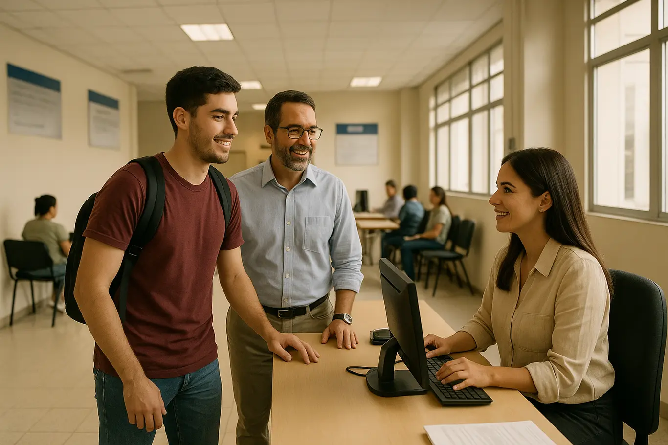 Balcão de atendimento universitário com estudante e orientador, ambiente institucional desfocado