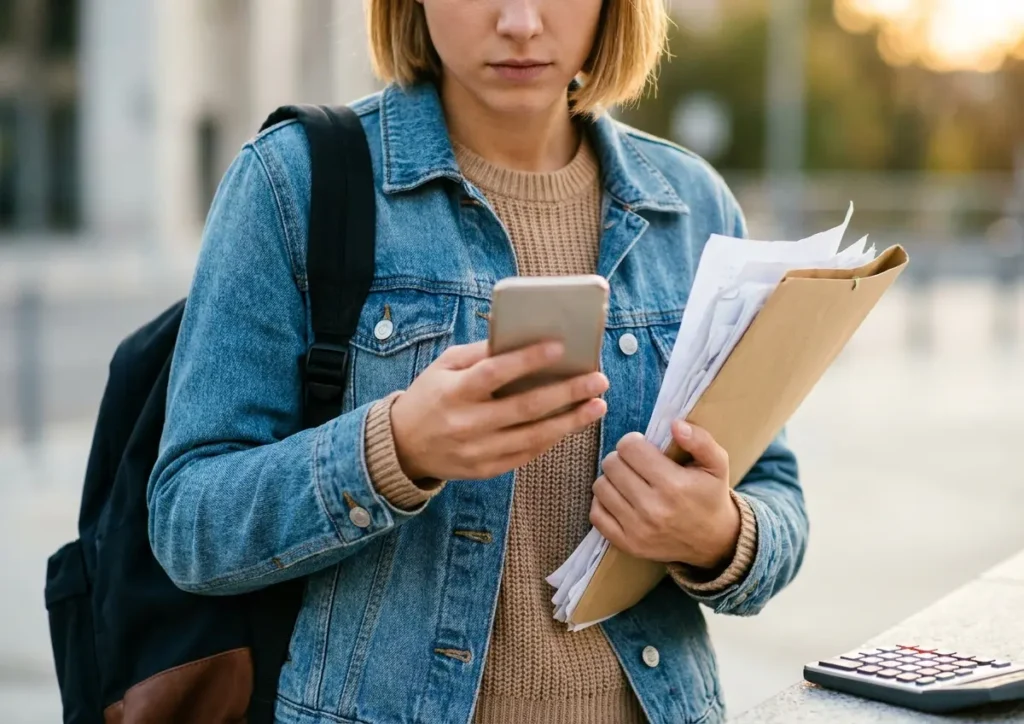 Estudante em 3/4 segurando smartphone e pasta em ambiente de estudo, iluminação dourada
