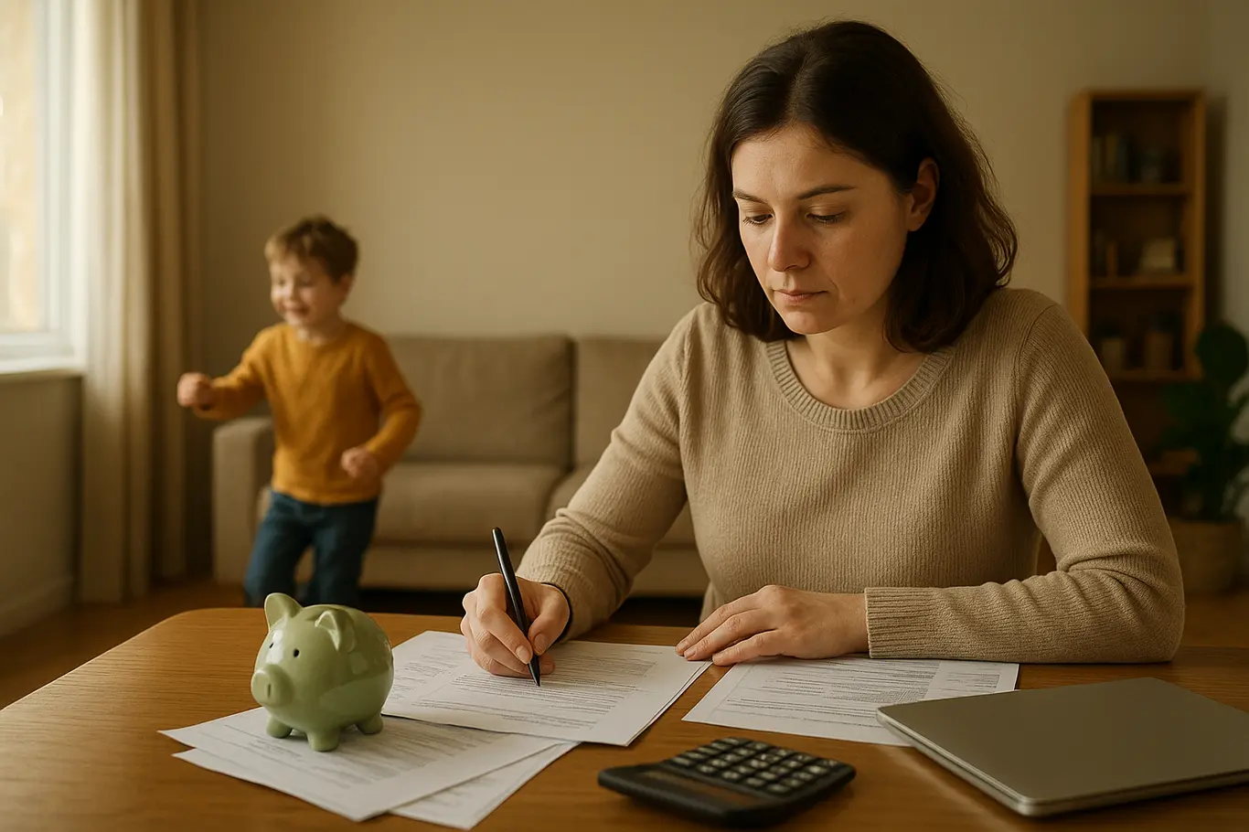 Cenário doméstico com mãe à mesa e criança ao fundo, papéis e calculadora visíveis