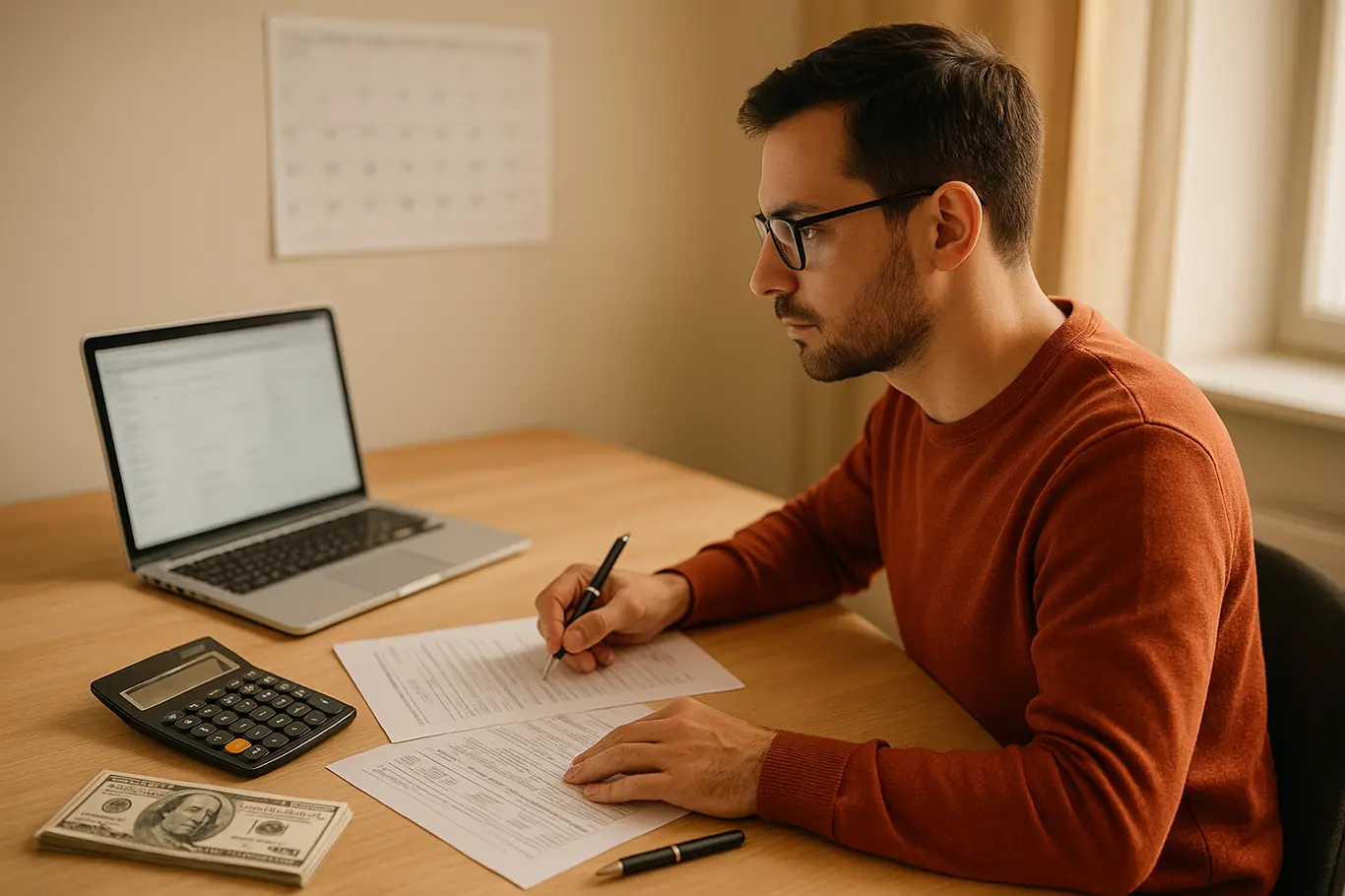 Home office lateral com laptop, calculadora e contas sobre a mesa