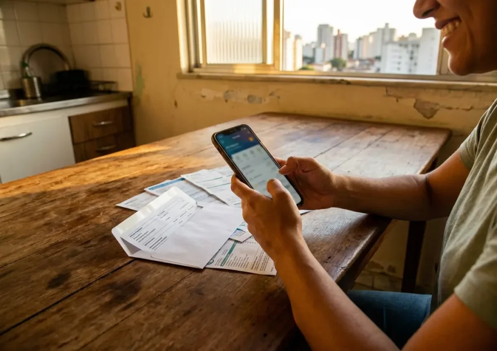 Pessoa em 3/4 na mesa com smartphone e extratos, luz quente