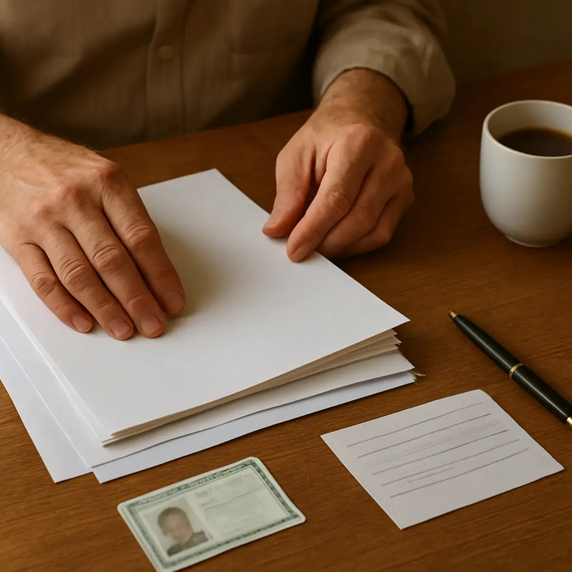 Mãos organizando documentos e identidade para o pré-cadastro