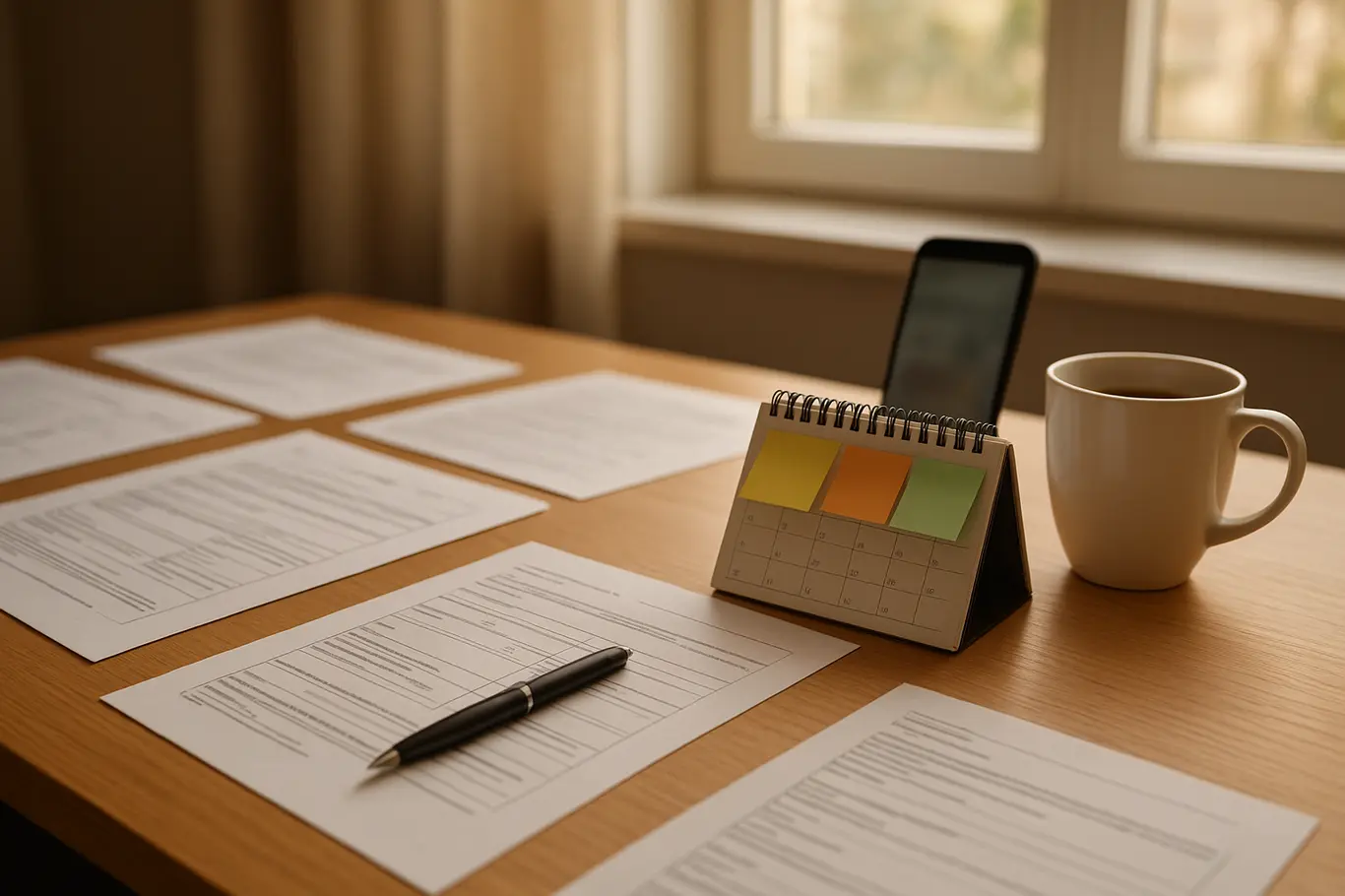 Mesa de trabalho com documentos, smartphone e calendário com post-its, ambiente doméstico