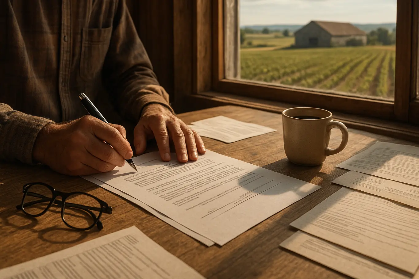 Mãos de produtor assinando documentos na mesa com vista para a lavoura pela janela