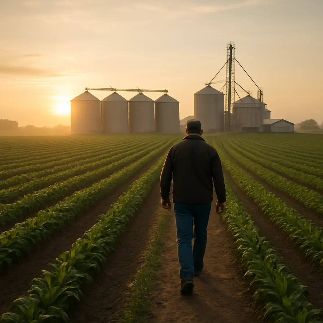Panorama de complexo agrícola ao amanhecer com produtor caminhando em direção aos silos