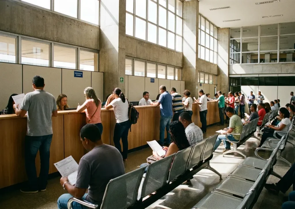 Sala de espera movimentada em agência do trabalhador no DF, pessoas de costas e atendentes atrás de balcões