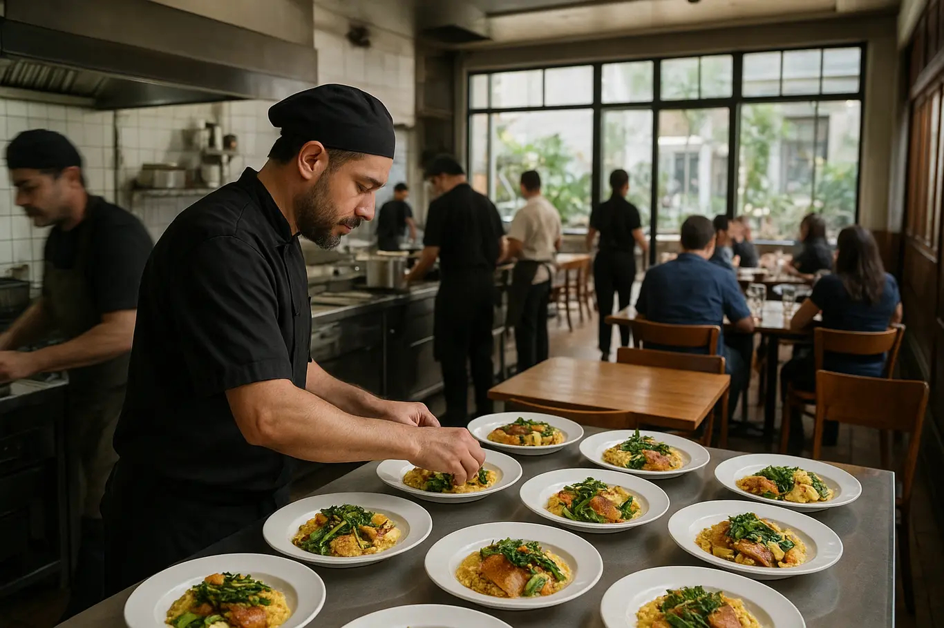 Cozinha e salão do Don Romano em movimento, chef de costas alinhando pratos do menu Brasil Sabor.