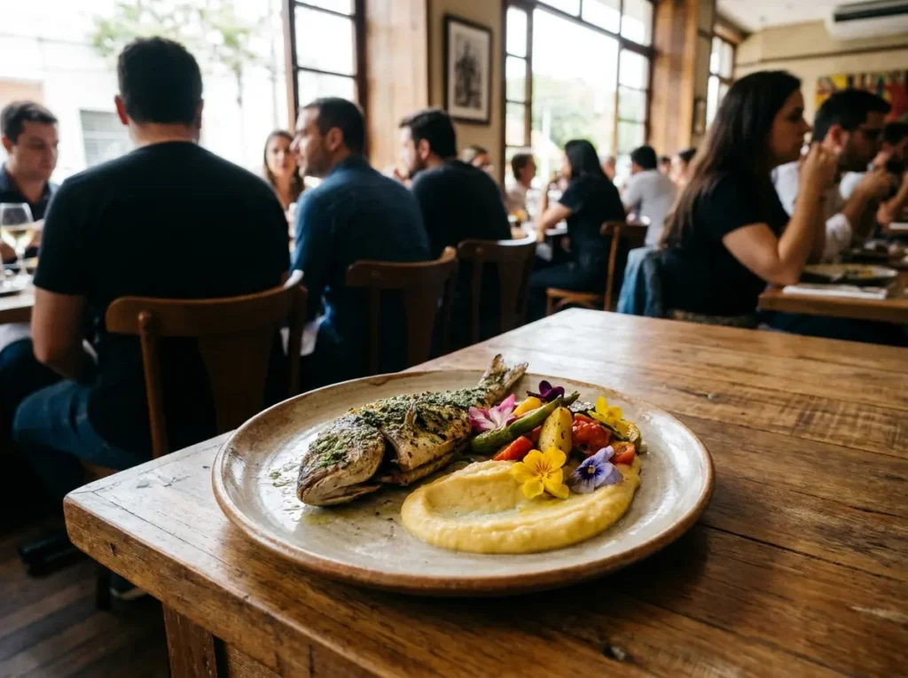 Prato principal do menu Brasil Sabor no Don Romano sobre mesa de madeira, salão ao fundo com clientes de costas.