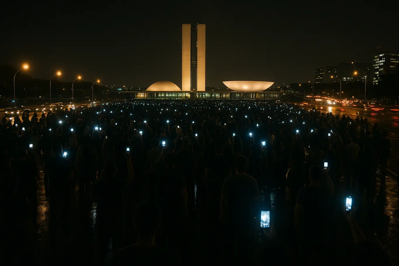 Multidão em praça com smartphones acesos e Congresso Nacional ao fundo durante a noite.