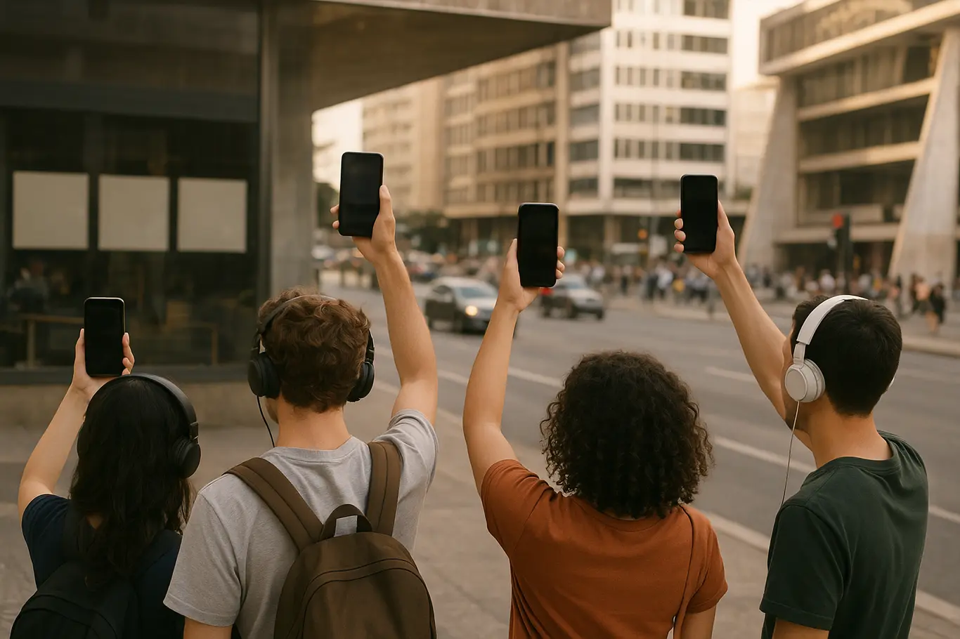 Pessoas de costas usando fones e celulares na rua de Brasília, com vitrine mostrando três capas neutras ao fundo.