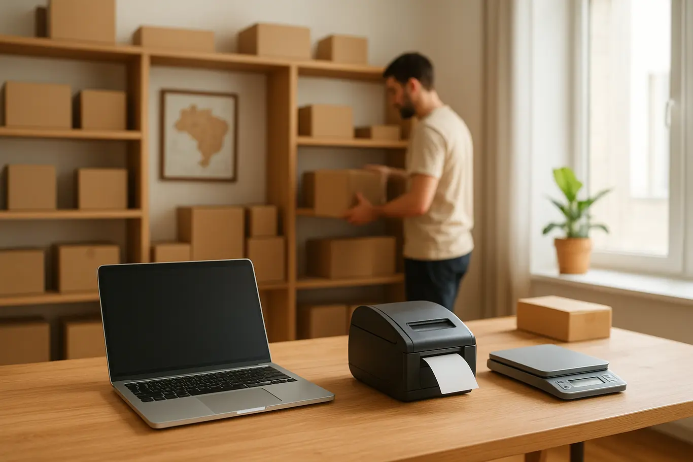 Home office amplo com prateleiras, caixas e equipamentos de envio