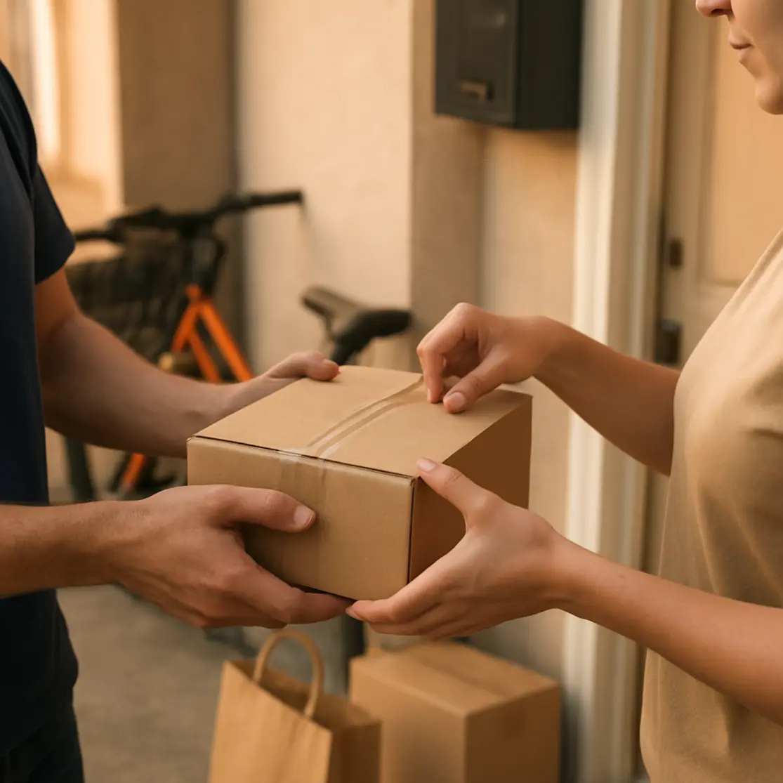Entregador passando pacote para cliente na porta, foco nas mãos
