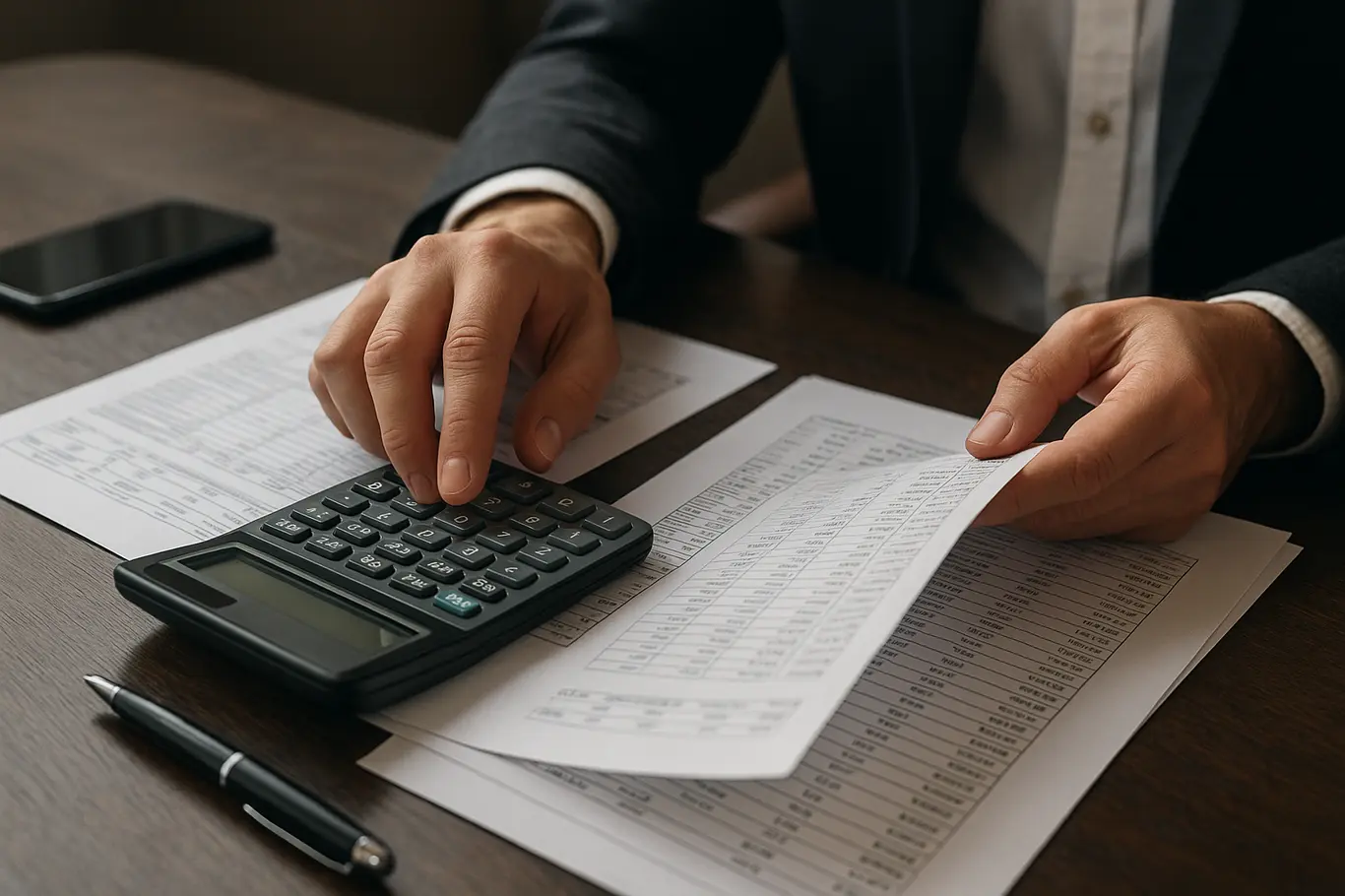 Close-up de mãos manuseando planilhas e calculadora sobre mesa de trabalho