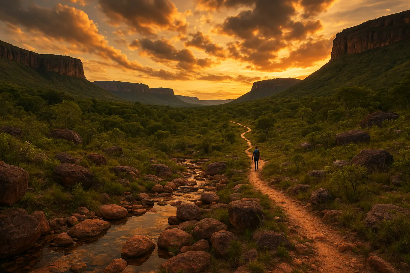 Vale amplo com trilha serpenteante e pessoa caminhando de costas ao pôr do sol