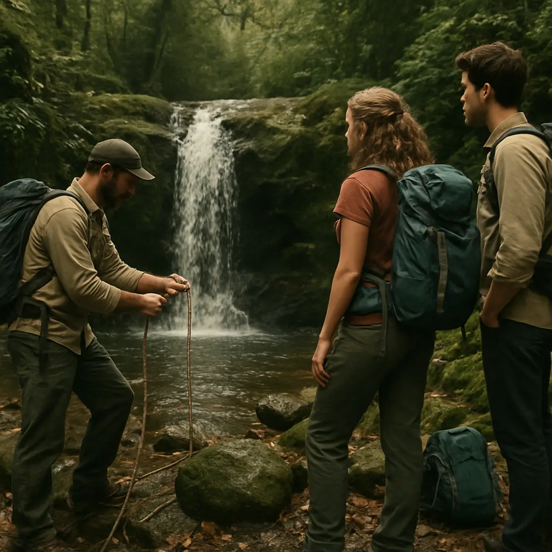 Guia em perfil ajustando cordas junto a cachoeira com dois viajantes observando