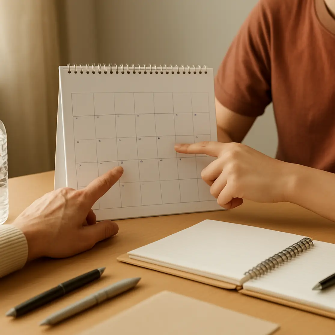 Mãos apontando para calendário em branco ao lado de materiais de estudo, cena doméstica