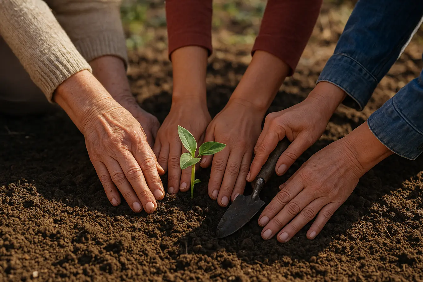 Mãos de mulheres plantando muda em horta comunitária, detalhe das mãos e terra