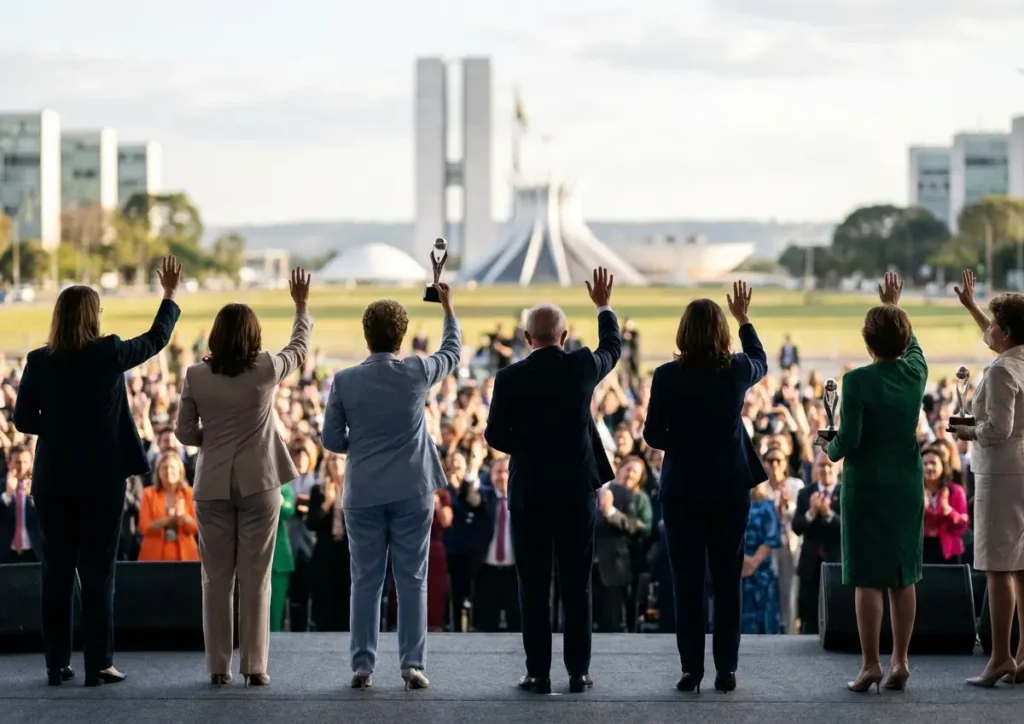 Grupo de lideranças femininas no palco visto em 3/4, troféus nas mãos