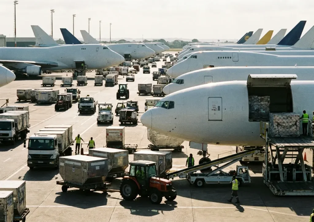 Pátio de carga do aeroporto com cargueiros e caminhões movimentando contêineres