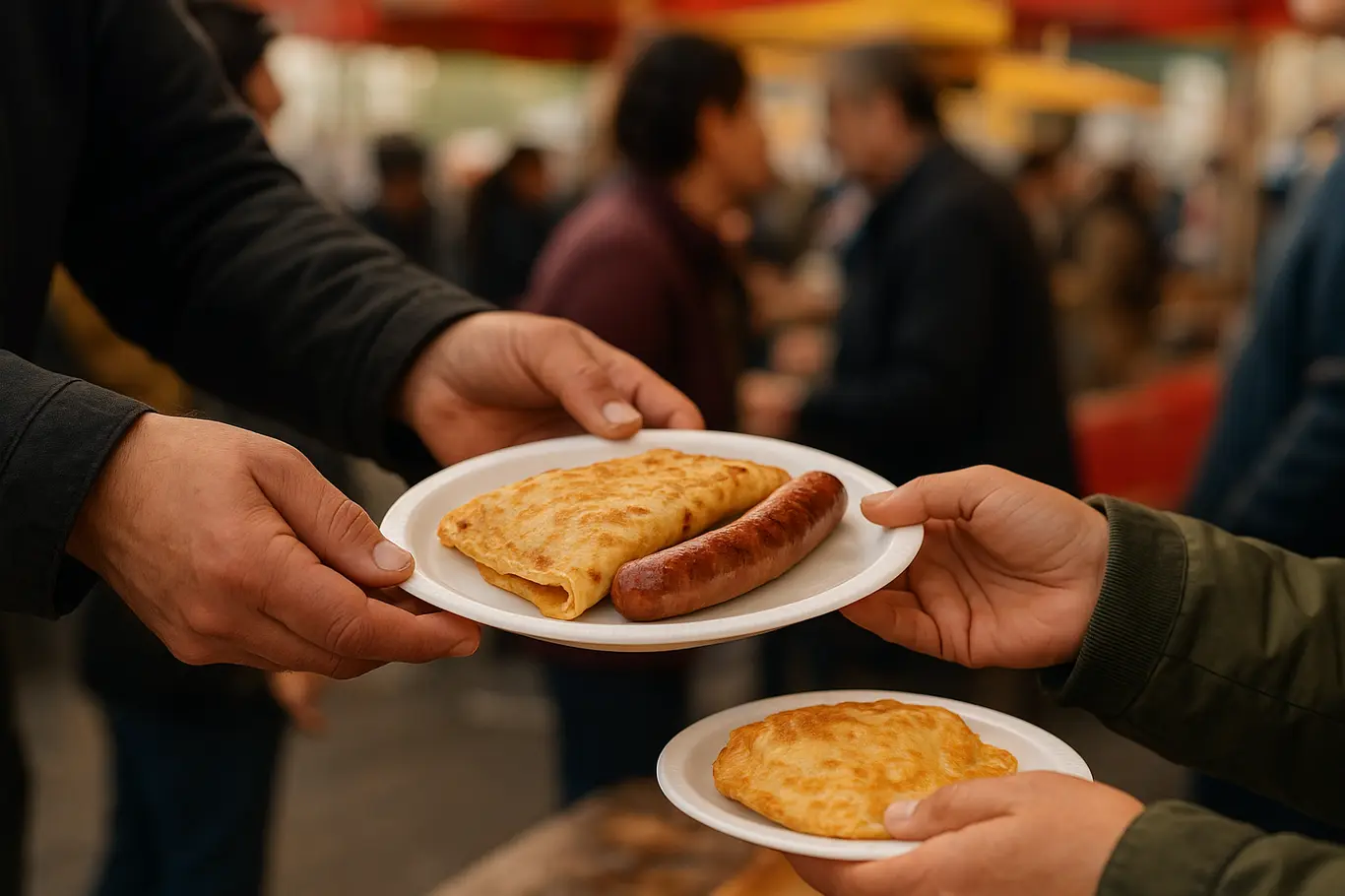 Close-up de mãos servindo comidas típicas europeias em barraca do festival, foco nas texturas dos pratos