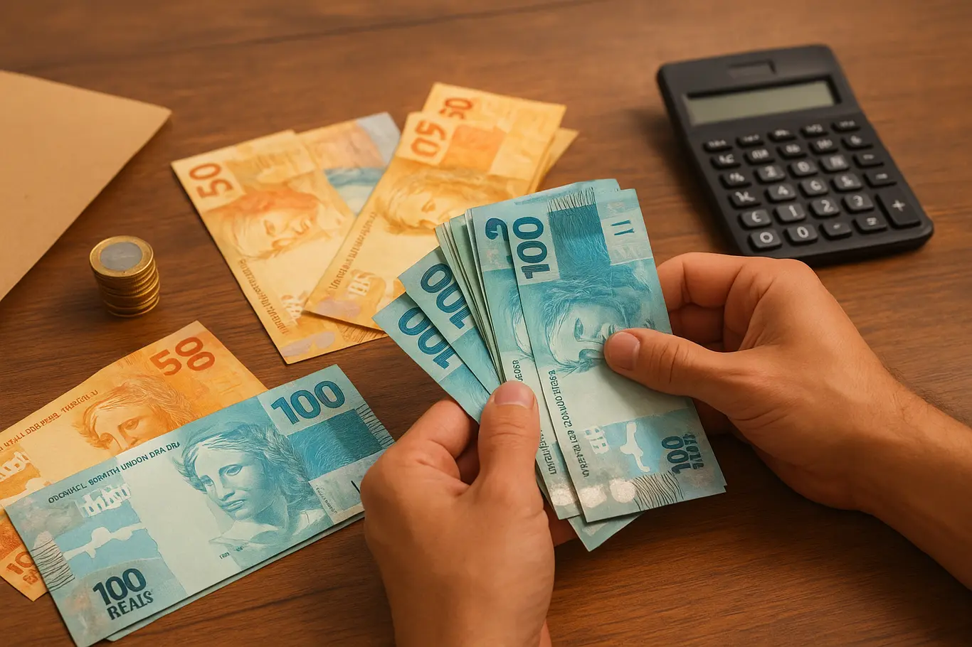 Mãos contando cédulas de real sobre mesa de madeira, envelope e moedas ao lado