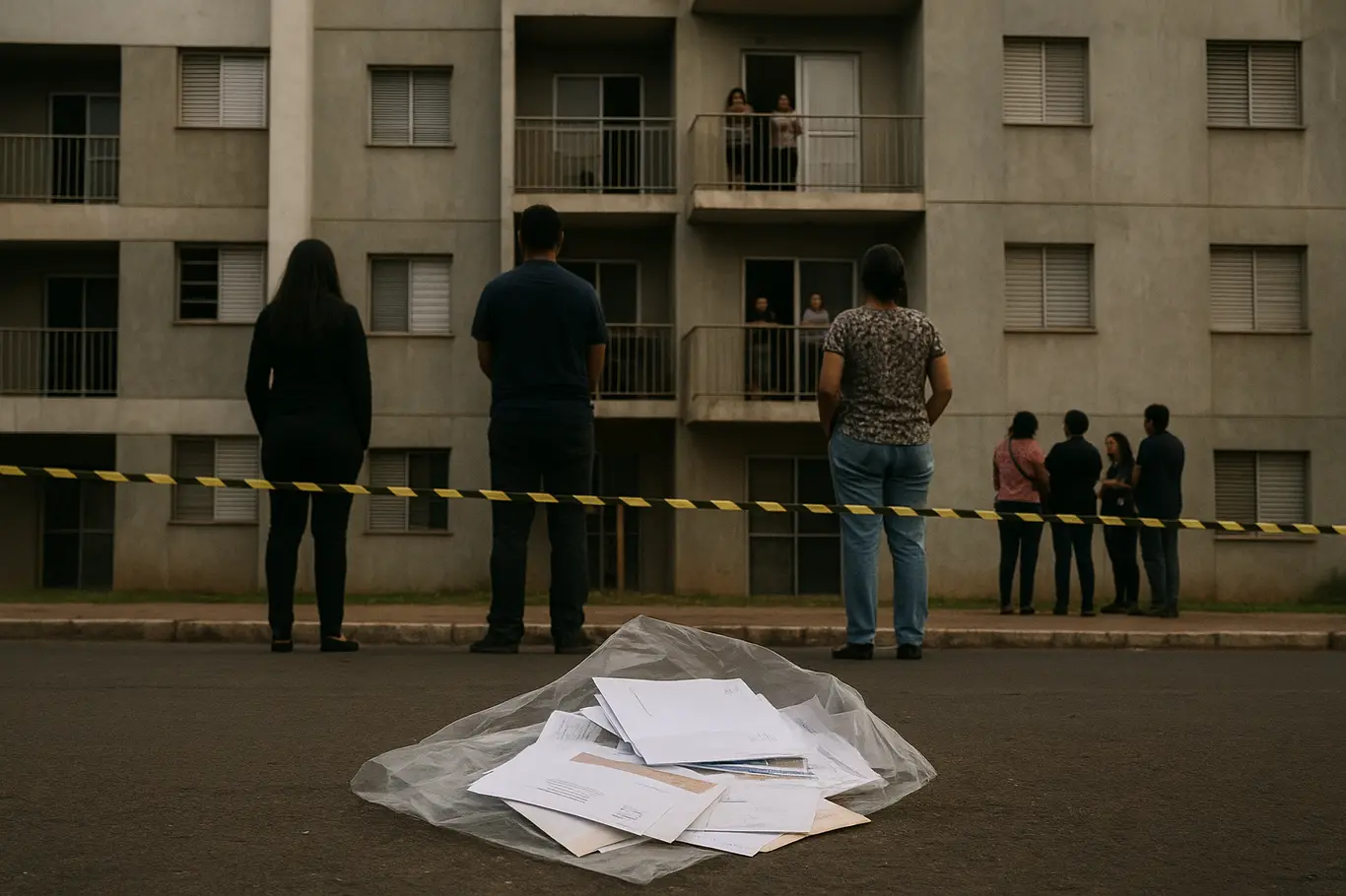 Bloco residencial do DF com moradores de costas, fita de isolamento e documentos espalhados na calçada