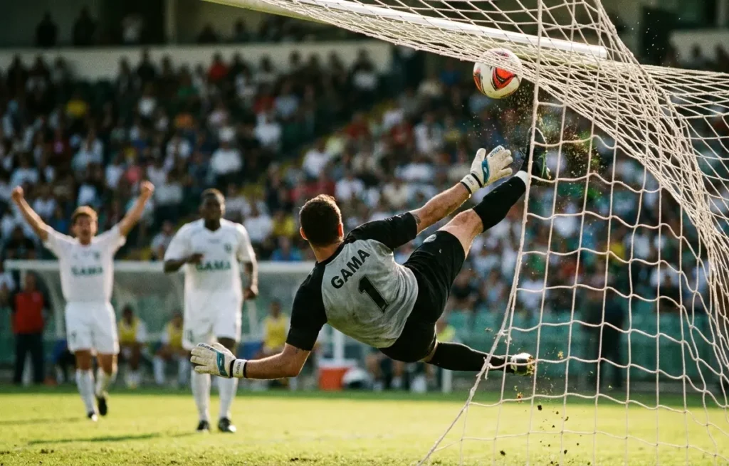 Jogador do Gama executando bicicleta e bola entrando na rede, com goleiro em defesa e torcida desfocada