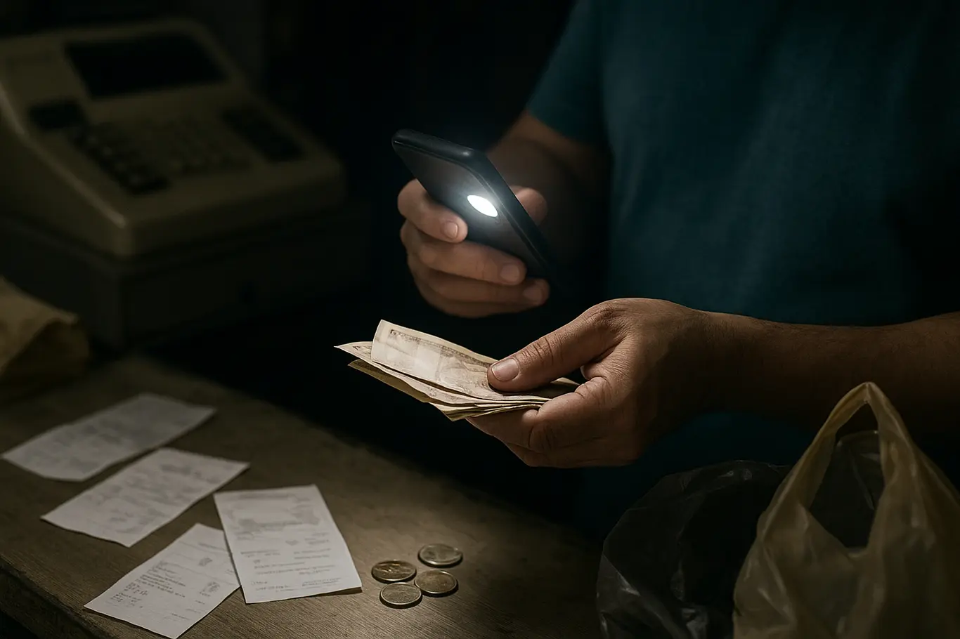 Close das mãos de um comerciante contando notas e moedas à luz de celular em caixa apagada