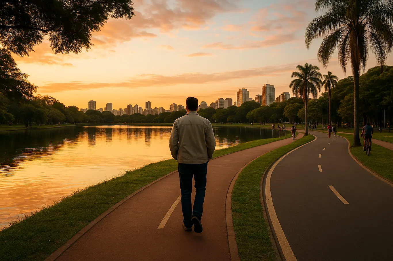 Vista ampla do Parque Vaca Brava com pessoa caminhando e ciclovia ao entardecer