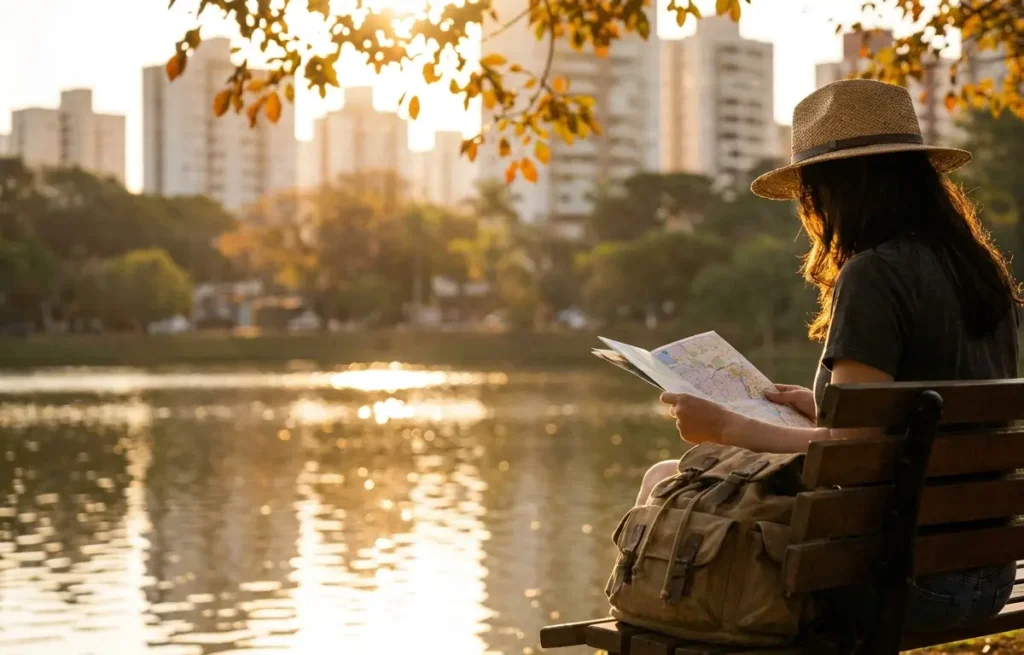 O que fazer em Goiânia GO: roteiro de 2 dias entre parques e mercado Viajante em 3/4 sentado no banco do Parque Vaca Brava ao pôr do sol