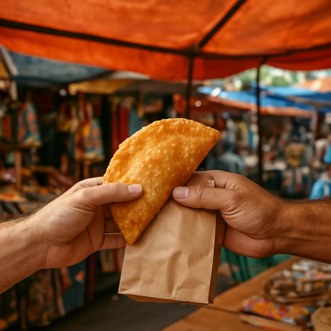 Mãos trocando pastel em feira ao ar livre de Goiânia, vista em perfil 3/4