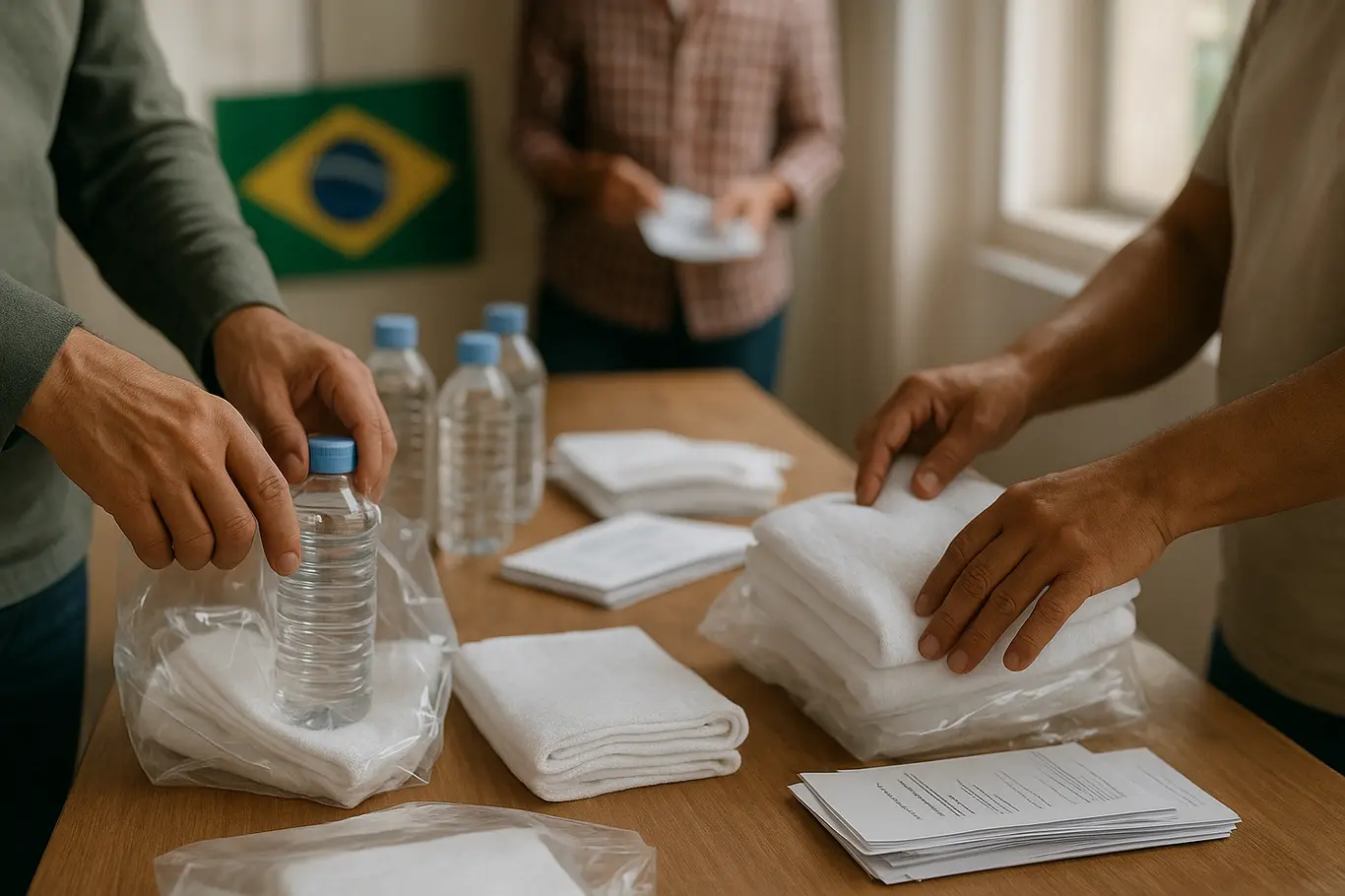 Mãos de voluntários em Brasília empacotando kits para peregrinos