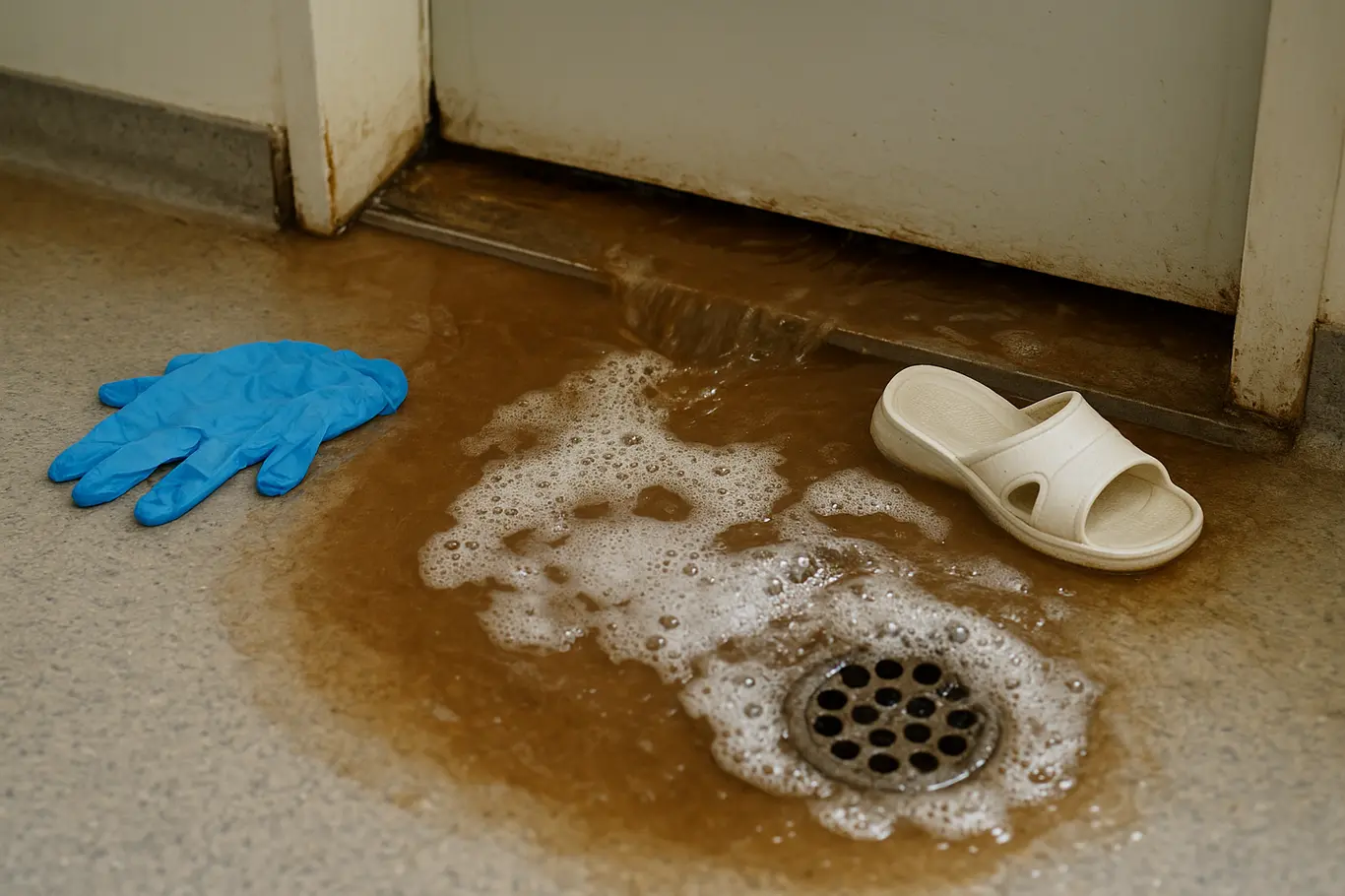 Detalhe do piso com água de esgoto e ralo entupido no Hospital do Paranoá