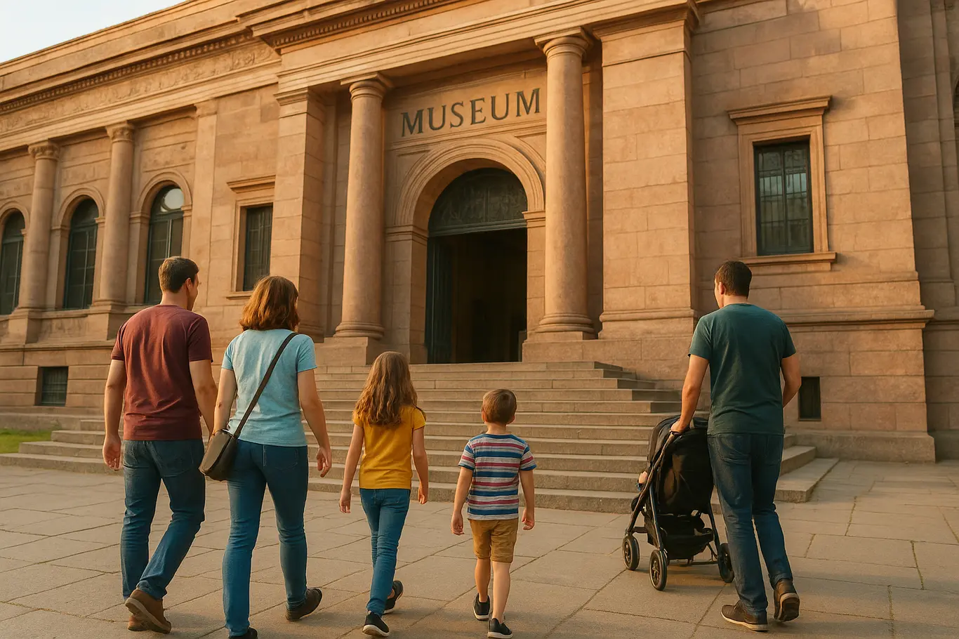 Grupo de visitantes caminhando em direção à entrada do museu, vista lateral.