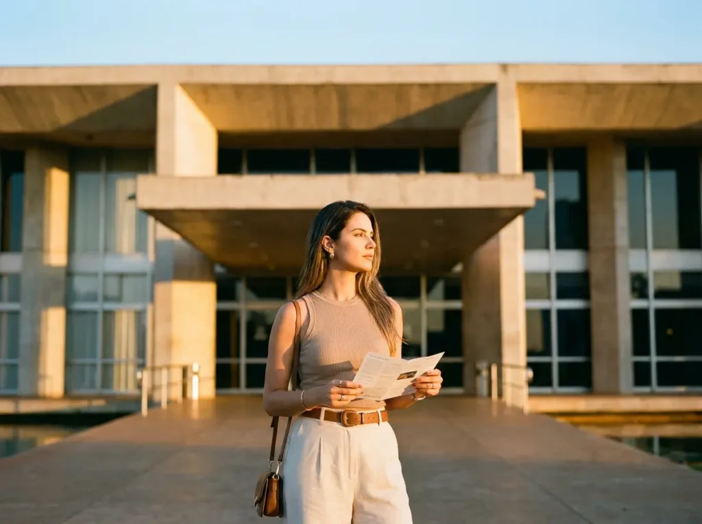 Museus abertos em feriados de Brasília em 2026: onde ir e como confirmar Visitante em 3/4 em frente ao museu modernista em Brasília ao pôr do sol.