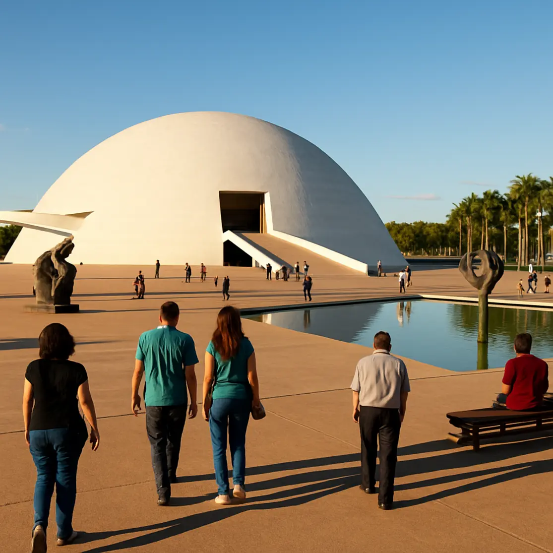 Praça em frente a um museu modernista em Brasília com visitantes dispersos e esculturas.