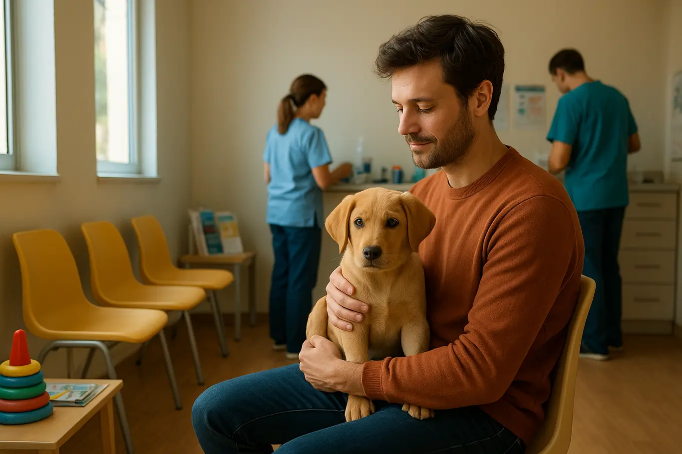 Cena ampla da sala de espera da clínica com tutor segurando cachorro antes da vacinação.