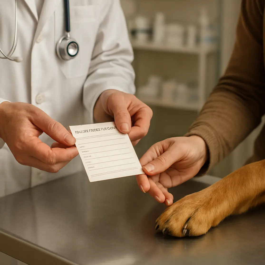 Mãos do veterinário entregando o cartão de vacinação enquanto cachorro apoia a pata na mesa.
