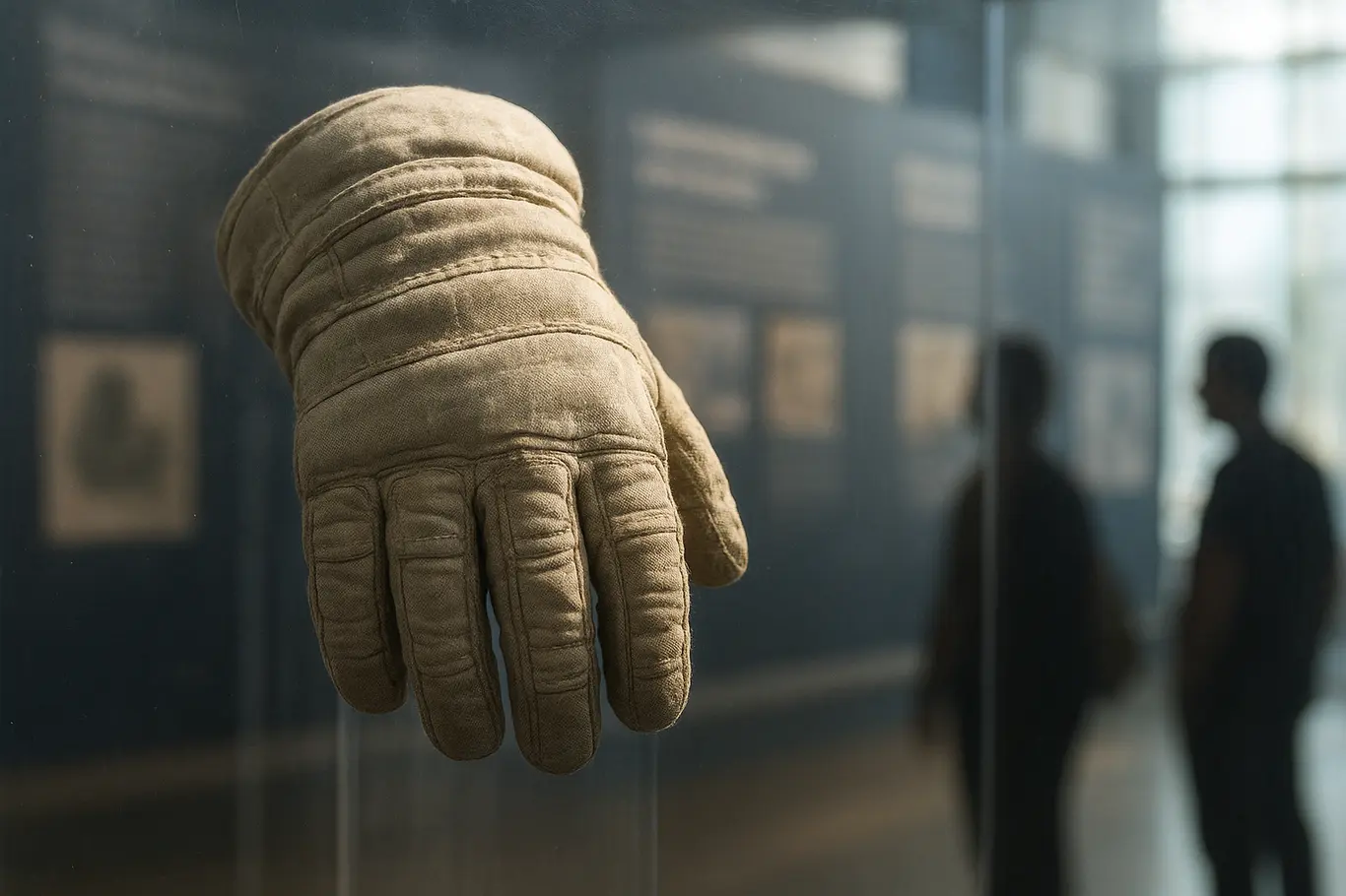 Detalhe de luva de traje espacial exposta com painéis informativos desfocados ao fundo