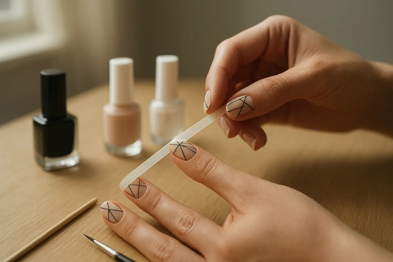Duas mãos aplicando fita fina para nail art geométrica com ferramentas ao redor
