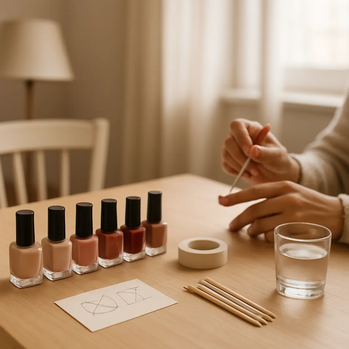 Mesa de manicure em casa com esmaltes, fita e esboços para nail art geométrica