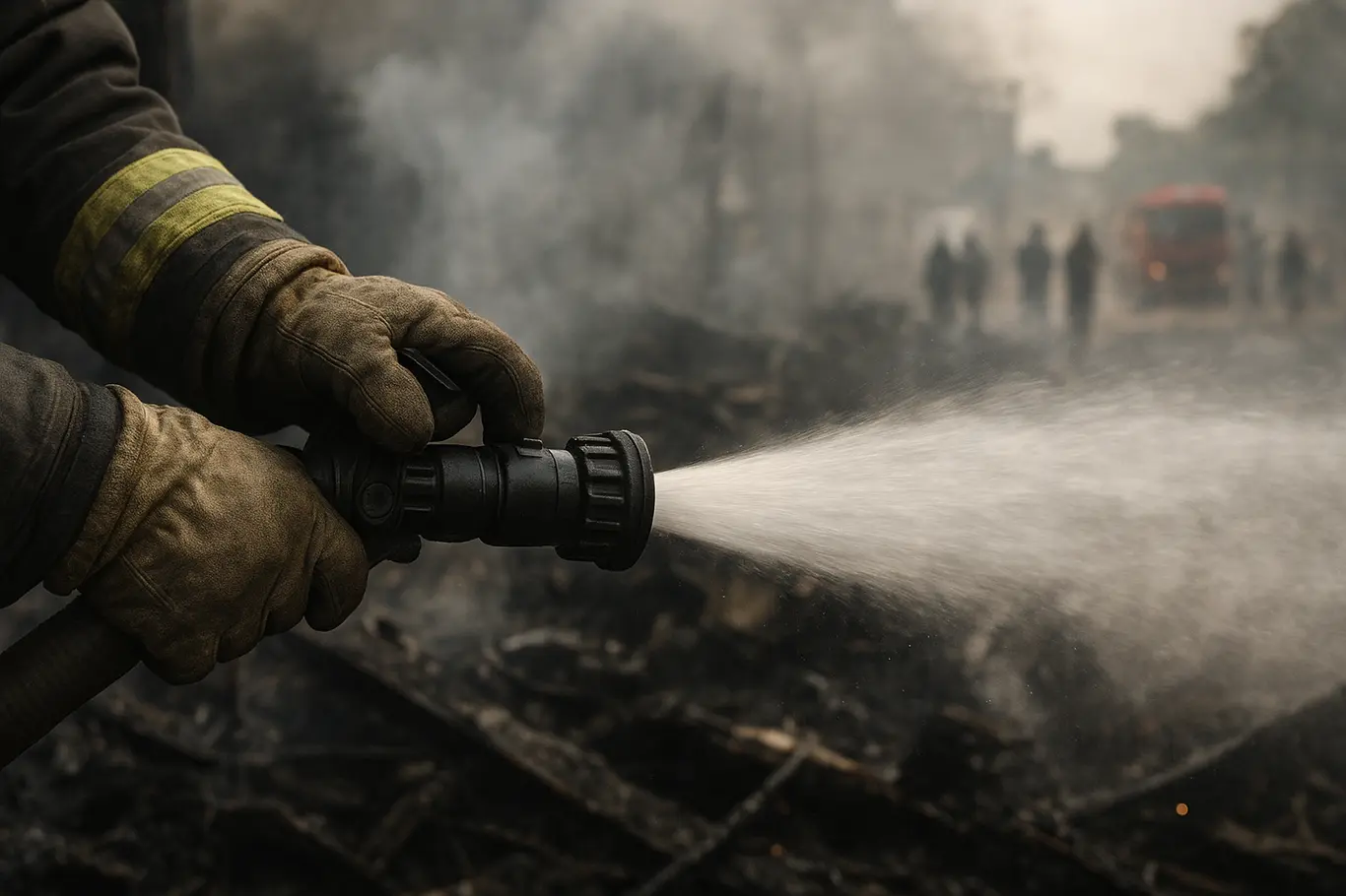 Detalhe de mangueira e destroços carbonizados com fumaça residual.